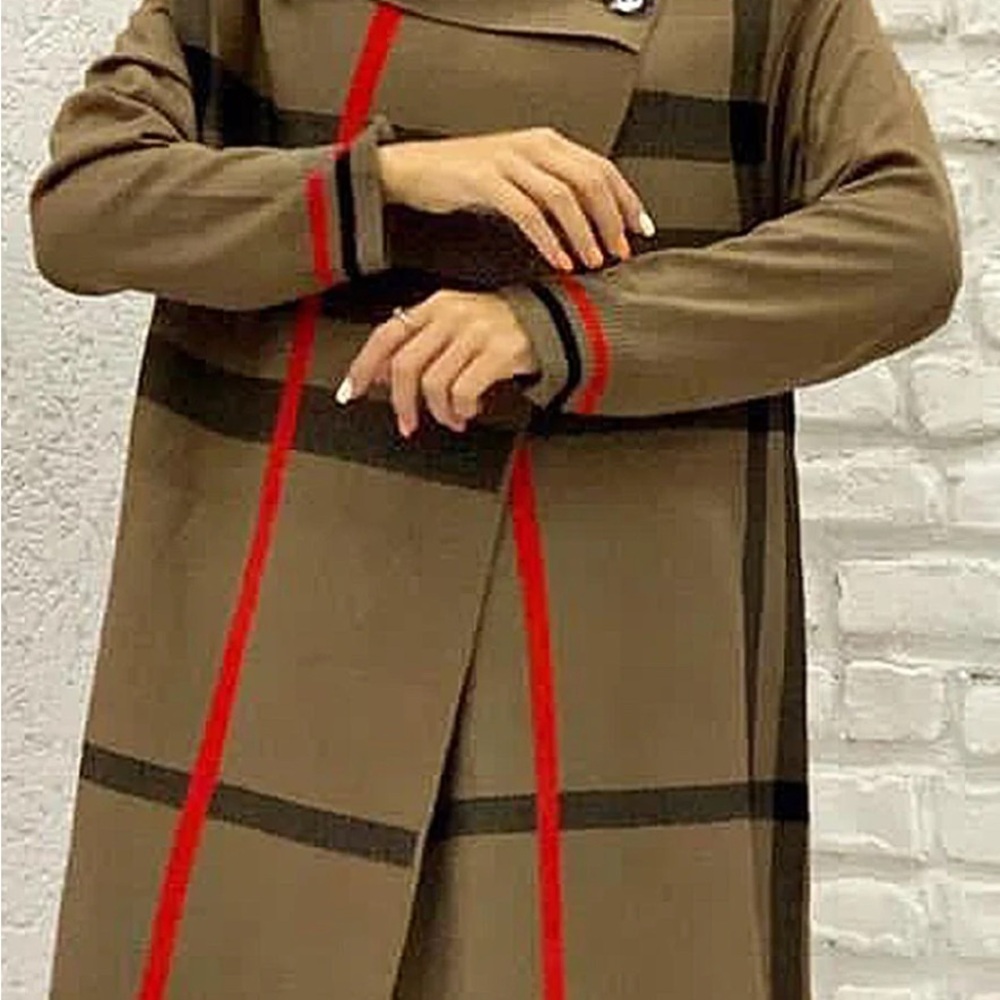 Stylish Brown Plaid Coat with Red Accents